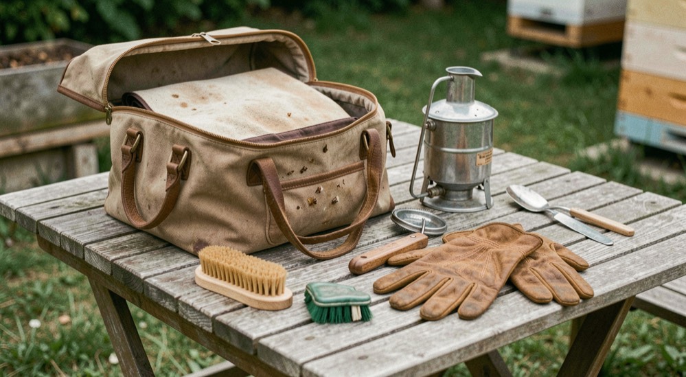 Sac de visite d’apiculteur ouvert sur une table de jardin, enfumoir, lève-cadre, brosse souple et gants en cuir disposés bien en évidence