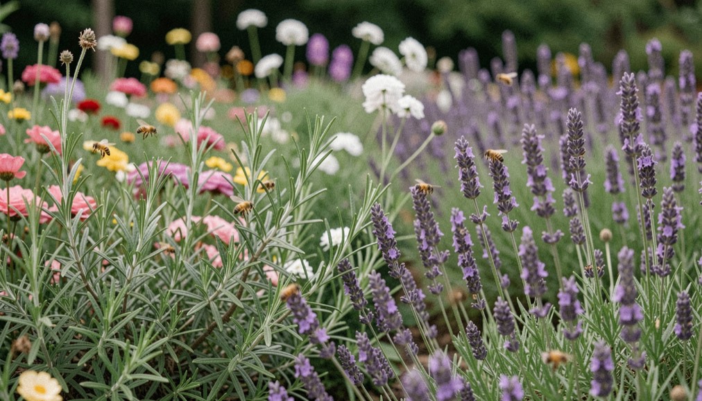 Bordure de jardin en fleurs étalée sur la saison, tiges de bourrache, romarin et lavande mêlées, plusieurs abeilles en butinage au premier plan