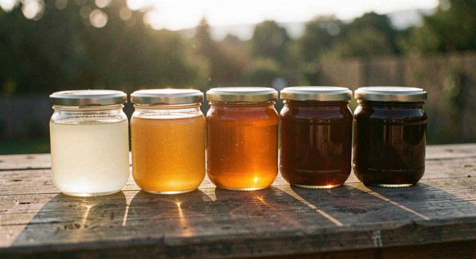 Cinq pots de miel de couleurs différentes alignés sur une planche de bois, du clair liquide au foncé crémeux, lumière latérale du soir